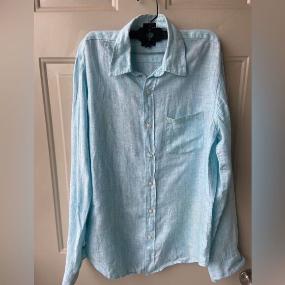 J.Crew Men’s 100% Linen Button-Up Shirt Slim Fit Sz S Aqua Blue Beach Coastal - Picture 2 of 6
